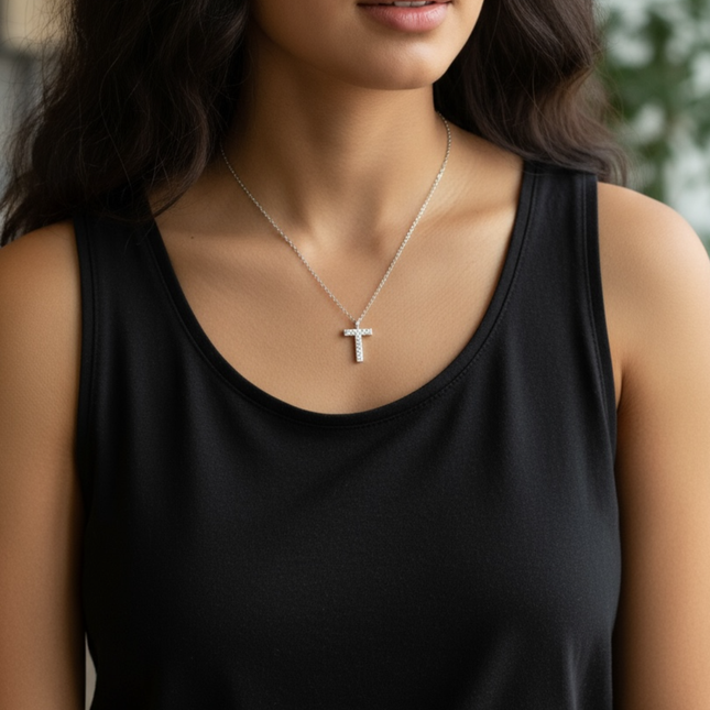 925 sterling silver necklace • T crystal