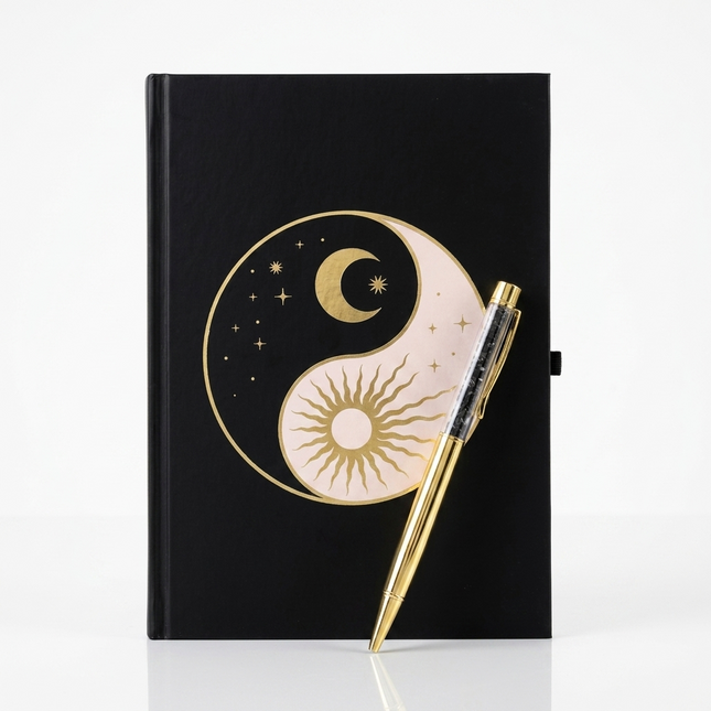 Journal • "Balance" Celestial Yin & Yang Journal with Gold Foil Pages & Crystal Pen