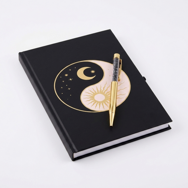 Journal • "Balance" Celestial Yin & Yang Journal with Gold Foil Pages & Crystal Pen