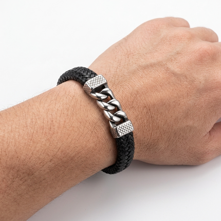 Men's Braided Leather Stainless Steel Link Bracelet