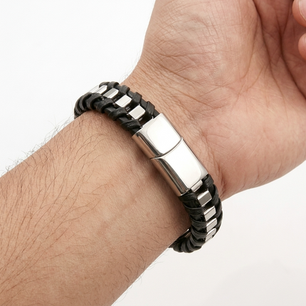 Men's Stainless Steel Leather Braided Bracelet • Silver