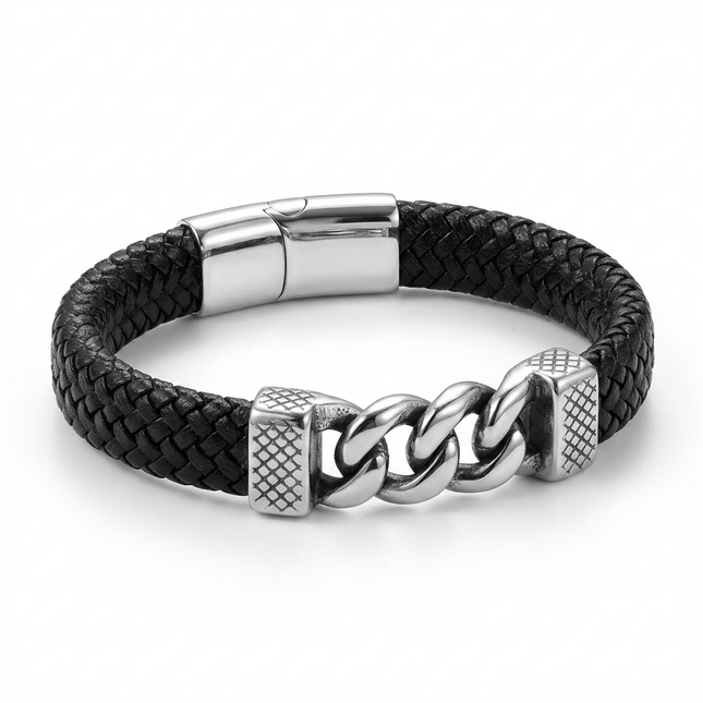 Men's Braided Leather Stainless Steel Link Bracelet