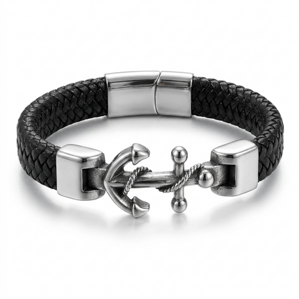 Men's Braided Leather Stainless Steel Anchor Bracelet