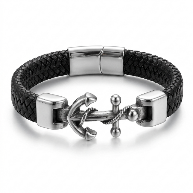 Men's Braided Leather Stainless Steel Anchor Bracelet