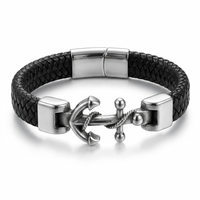Men's Braided Leather Stainless Steel Anchor Bracelet