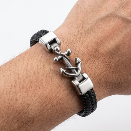 Men's Braided Leather Stainless Steel Anchor Bracelet