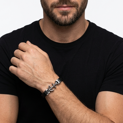 Men's Braided Leather Stainless Steel Anchor Bracelet