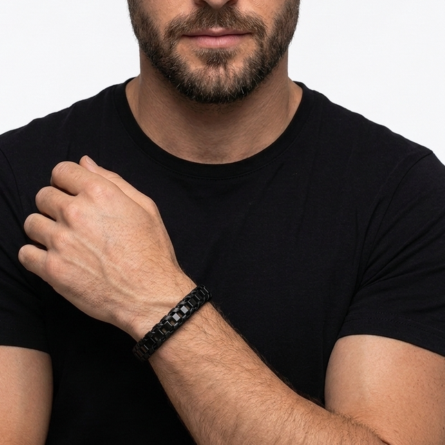 Men's Stainless Steel Leather Braided Bracelet • Black