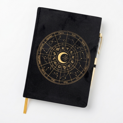 Journal • "Ecliptic" Astrology Wheel Velvet Journal & Gold Crystal Pen Set