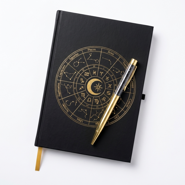 Journal • "Ecliptic" Astrology Wheel Velvet Journal & Gold Crystal Pen Set