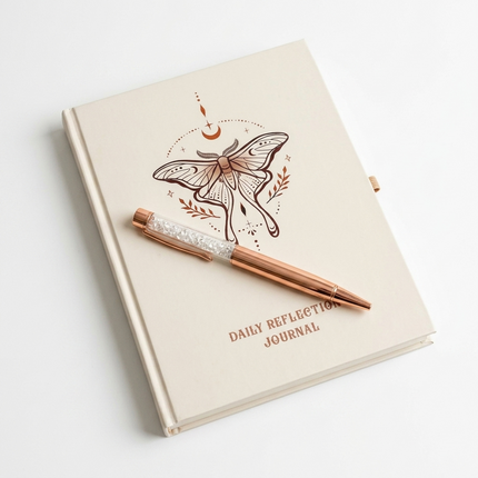 Journal • "Reflection" Luna Moth Daily Reflection Journal with Rose Gold Quartz Pen