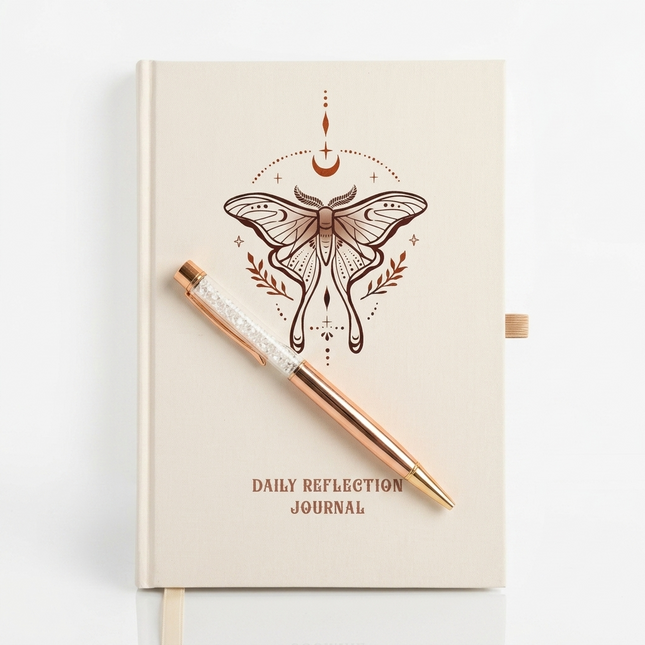 Journal • "Reflection" Luna Moth Daily Reflection Journal with Rose Gold Quartz Pen