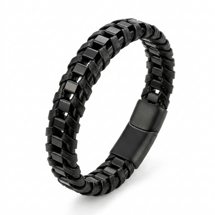 Men's Stainless Steel Leather Braided Bracelet • Black
