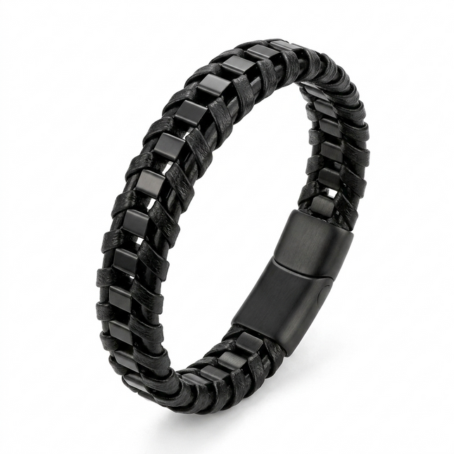 Men's Stainless Steel Leather Braided Bracelet • Black