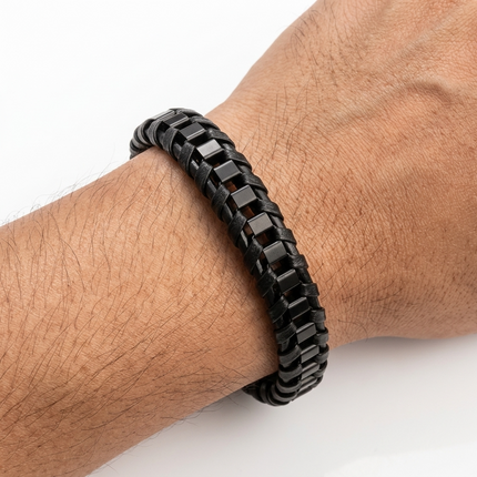 Men's Stainless Steel Leather Braided Bracelet • Black