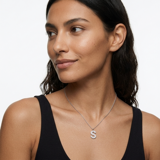 Sterling Silver Necklace • Crystal Initial Letter Pendant
