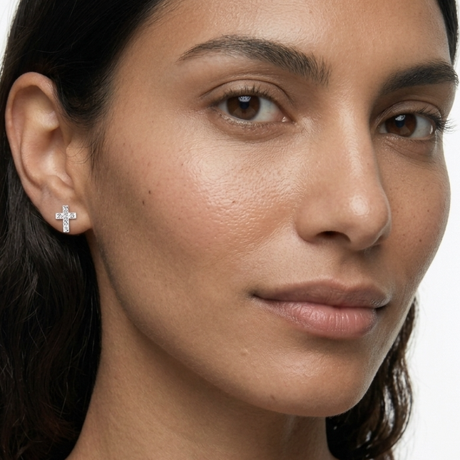 Sterling Silver Earrings • Crystal Cross Studs