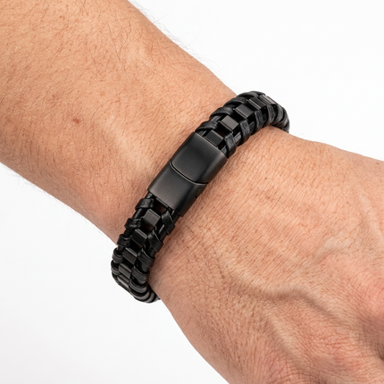 Men's Stainless Steel Leather Braided Bracelet • Black