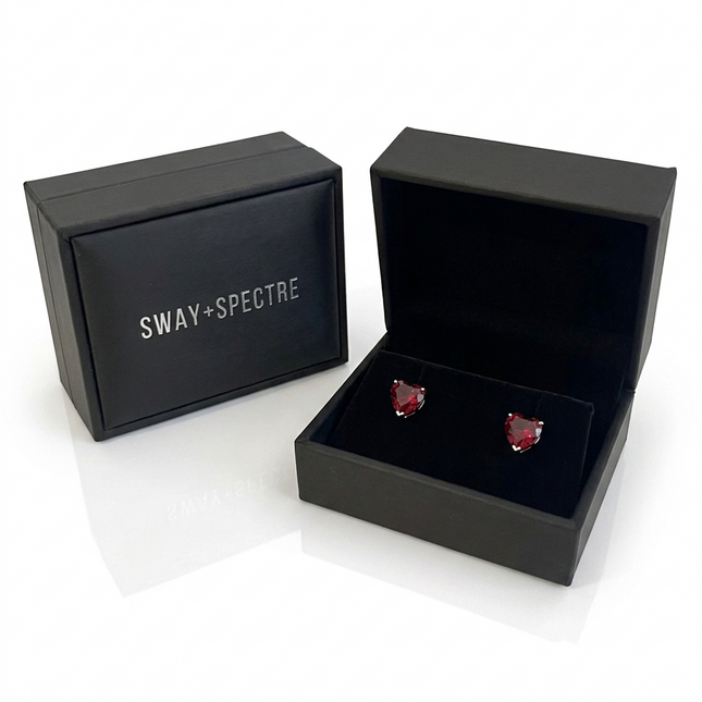 Sterling Silver Earrings • Cubic Zirconia Red Heart Studs