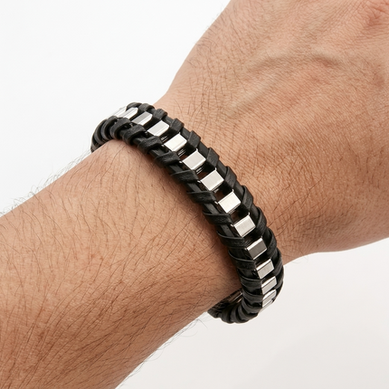 Men's Stainless Steel Leather Braided Bracelet • Silver